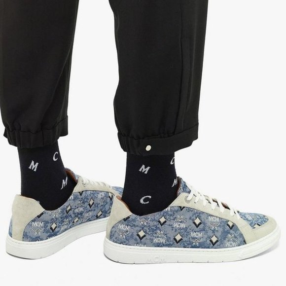 MCM Terrain Vintage Jacquard Monogram Low Blue Denim Suede Sneakers NEW 36 Shoes